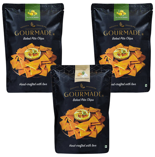 ?Gourmade Soulful Snacking Combo Pack of Pita Chips Olive & Herbs-2 & Roasted Garlic-1 (125gm Each) - Classic Derma