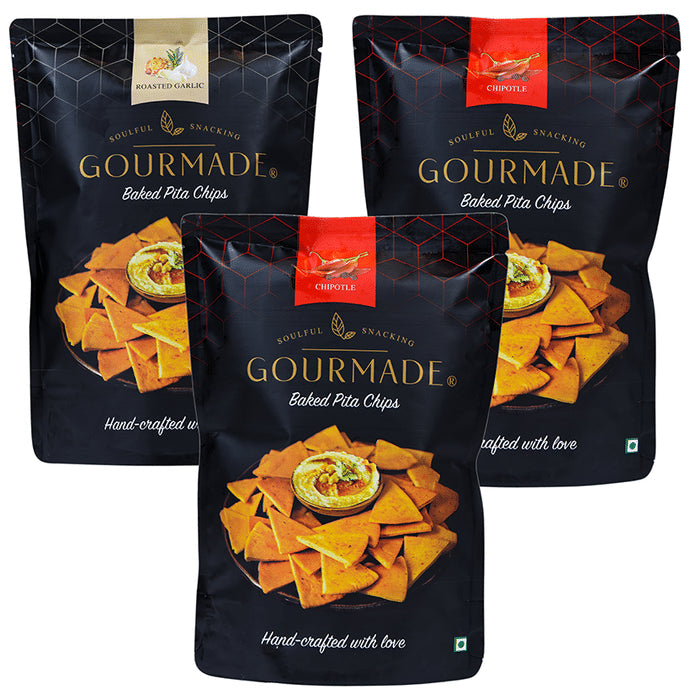 ?Gourmade Soulful Snacking Combo Pack of Pita Chips Roasted Garlic-2 and Chipotle-1 (125gm Each) - Classic Derma