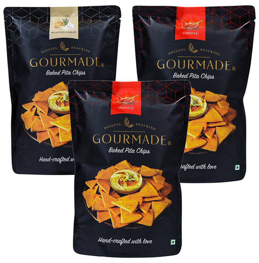 ?Gourmade Soulful Snacking Combo Pack of Pita Chips Roasted Garlic-2 and Chipotle-1 (125gm Each) - Classic Derma