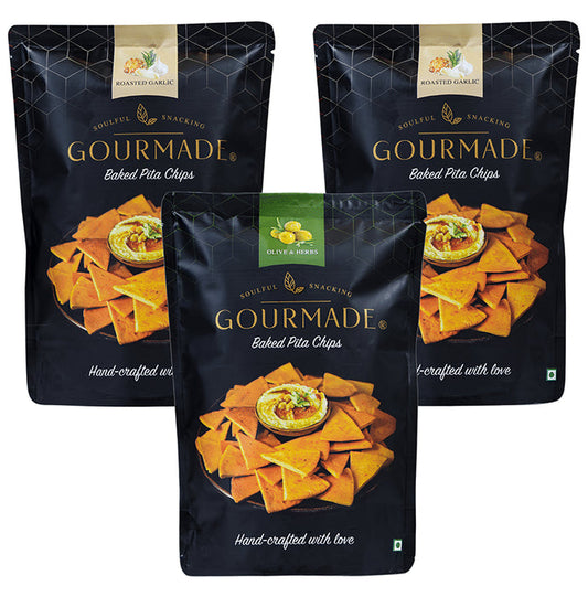 ?Gourmade Soulful Snacking Combo Pack of Pita Chips Roasted Garlic-2 & Olive & Herbs-1 (125gm Each) - Classic Derma