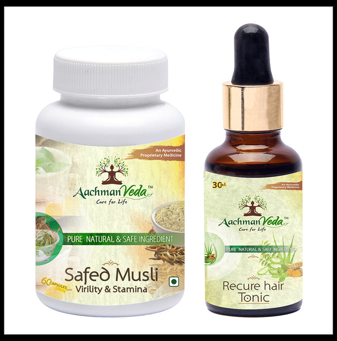 Aachman Veda Safed Musli Virility & Stamina Capsule with Aachman Veda Recure Hair Tonic 30ml Free - Classic Derma