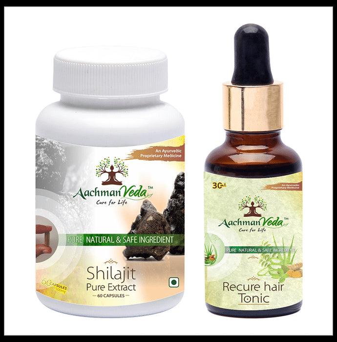 Aachman Veda Shilajit Pure Extract Capsule with Aachman Veda Recure Hair Tonic 30ml Free - Classic Derma