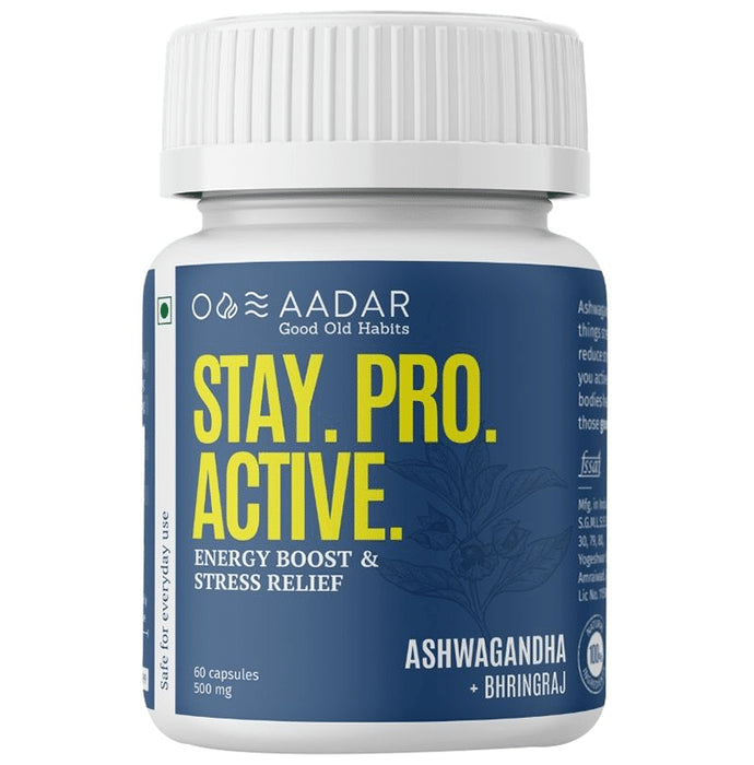 Aadar Stay. Pro. Active. 500mg Capsule Ashwagandha+Bhringraj (60 Each) - Classic Derma
