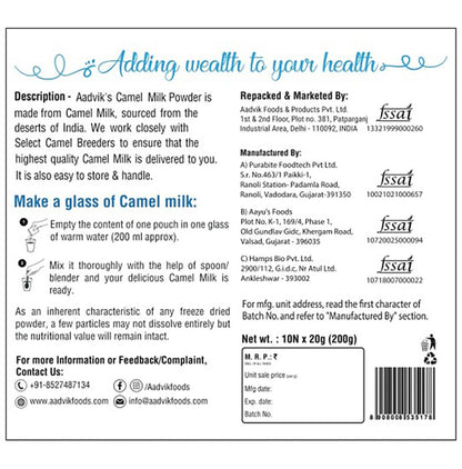 Aadvik Camel Milk Powder Sachet (20gm Each) Freeze Dried