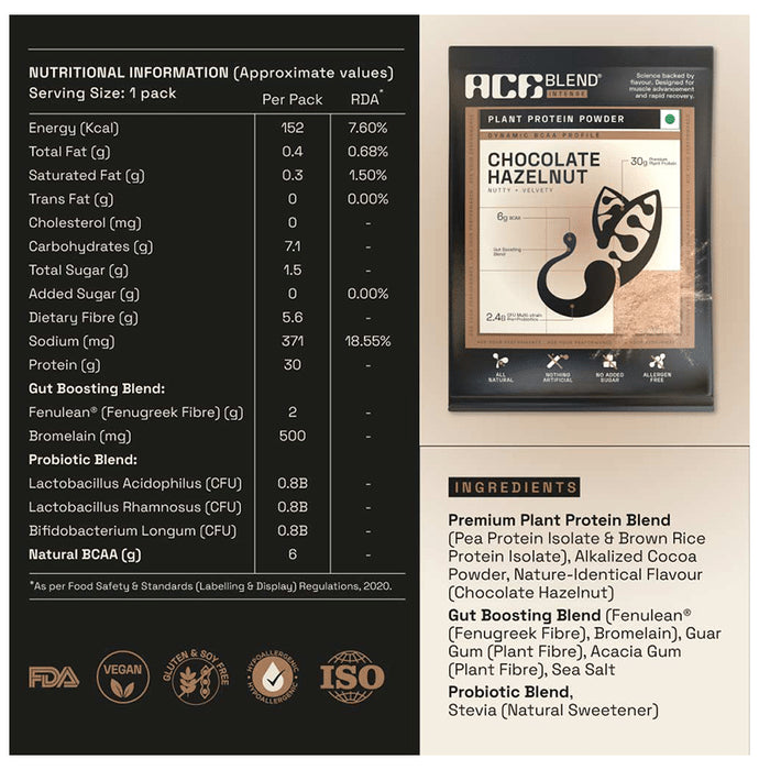 Ace Blend Intense 30g Vegan Plant Protein Powder with BCAA Chocolate Hazelnut