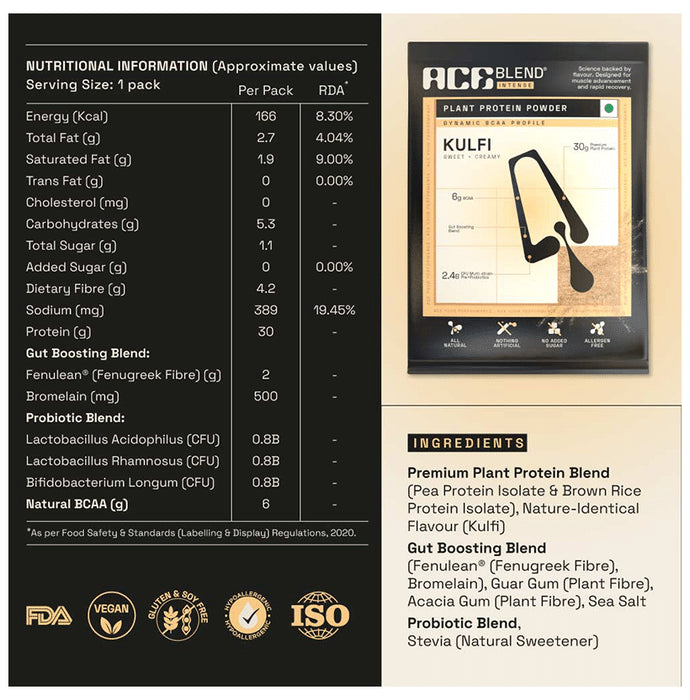 Ace Blend Intense 30g Vegan Plant Protein Powder with BCAA Kulfi