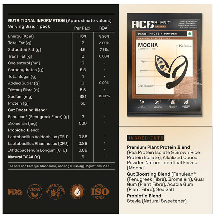 Ace Blend Intense 30g Vegan Plant Protein Powder with BCAA Mocha