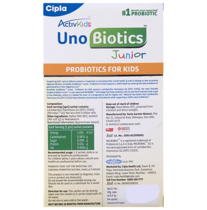 Activkids UnoBiotics Junior Probiotics Sachet for Kids' Gut Health | Sugar Free Sugar Free