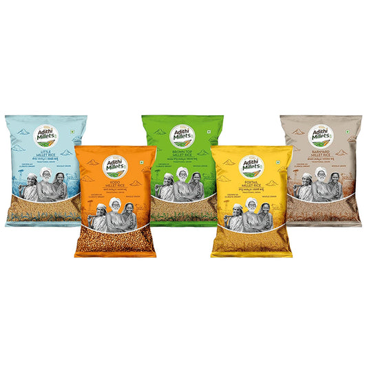 Adithi Millets Combo Pack of BrownTop Millet Rice , Barnyard Millet Rice , Foxtail Millet Rice , Little Millet Rice & Kodo Millets Rice (500gm Each) - Classic Derma