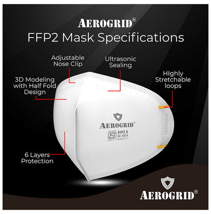 Aerogrid FFP2 BIS Certified 5 Layer N95 Mask White with Adjustable Yellow Head Loop