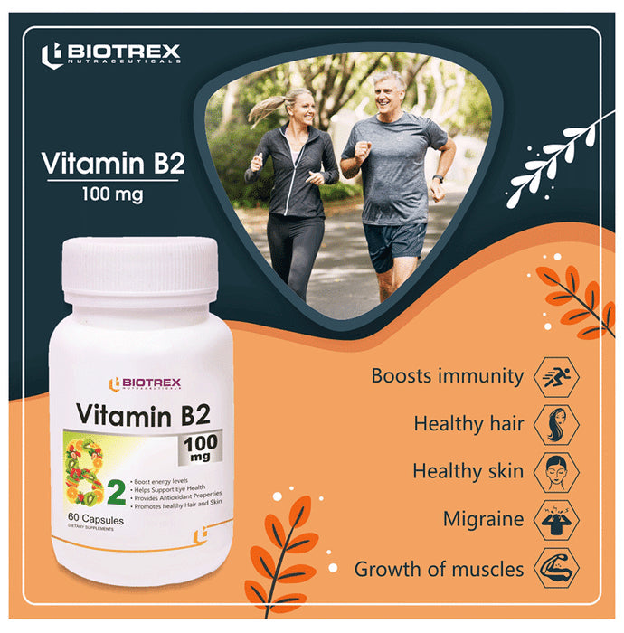 Biotrex Vitamin B2 100mg for Energy, Eye Health, Hair, Skin & Antioxidant Support | Capsule