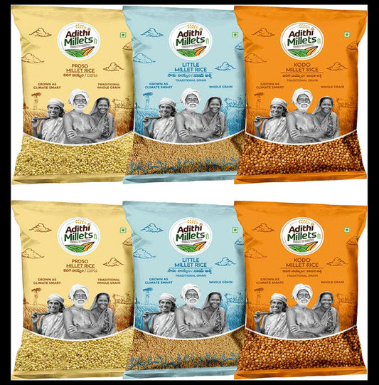 Adithi Millets Combo Pack of 2 Little,2 Kodo ,2 Prosto (500gm Each) - Classic Derma
