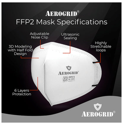 Aerogrid FFP2 BIS Certified 5 Layer N95 Mask White with Adjustable Black Head Loop
