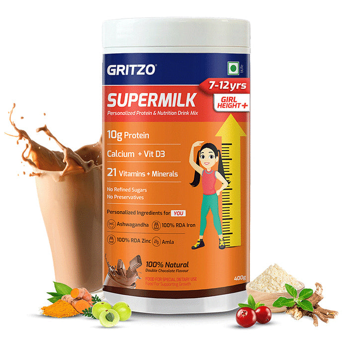 Gritzo Super Girl Milk Protein Height+ for 7 to 12 Years Girl Height+ | With Calcium & Vitamin D3 | Flavour Double Chocolate