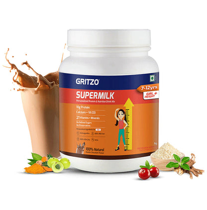 Gritzo Super Girl Milk Protein Height+ for 7 to 12 Years Girl Height+ | With Calcium & Vitamin D3 | Flavour Double Chocolate