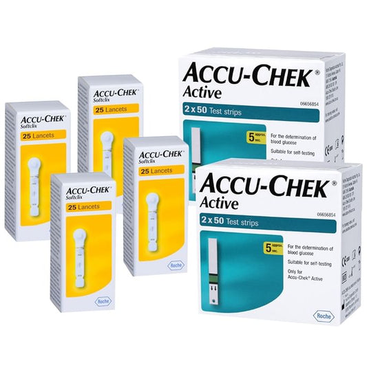Accu-Chek Combo Pack of 2 Pack Active Test Strip (100 Each) & 4 Pack Softclix Lancet (25 Each) - Classic Derma