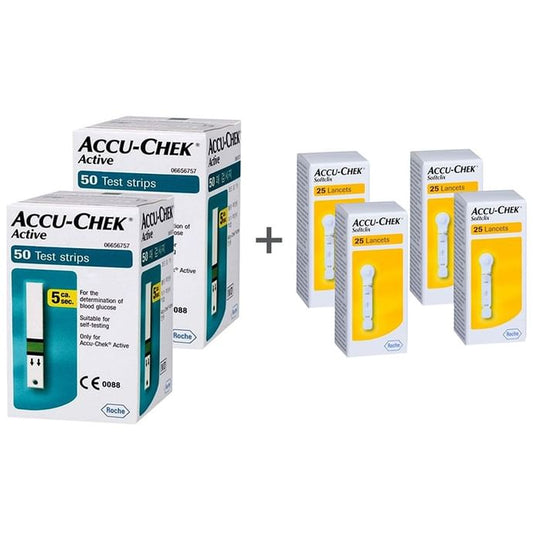 Accu-Chek Combo Pack of 2 Pack Active Test Strip (50 Each) & 4 Pack Softclix Lancet (25 Each) - Classic Derma