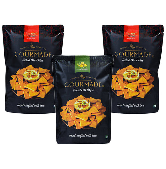 ?Gourmade Soulful Snacking Combo Pack of Pita Chips Chipotle-2 & Olive & Herbs-1 (125gm Each) - Classic Derma